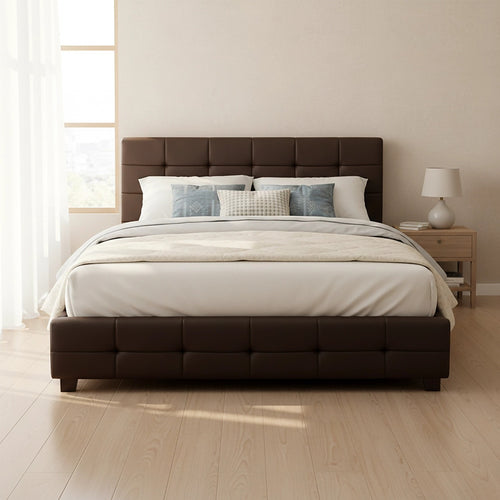 Queen Deluxe Brown PU Leather Upholstered Bed Frame with Headboard & Slats