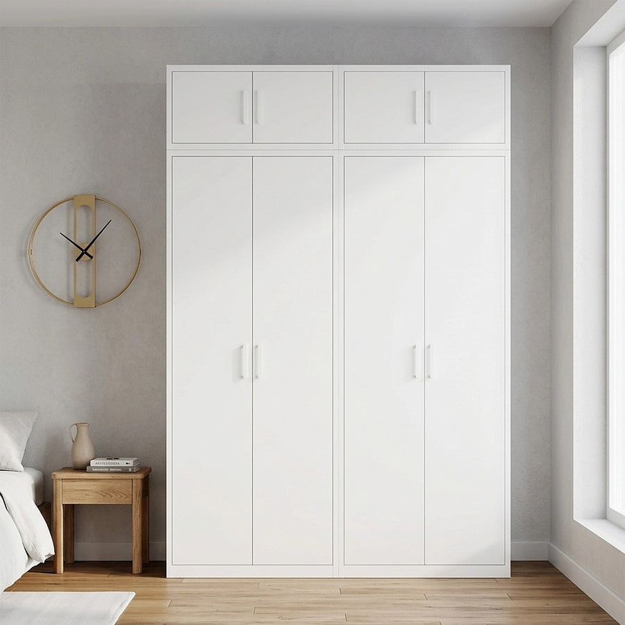 160x240cm 4-Door White Steel Shelf Wardrobe with White Handle Storage Cabinet