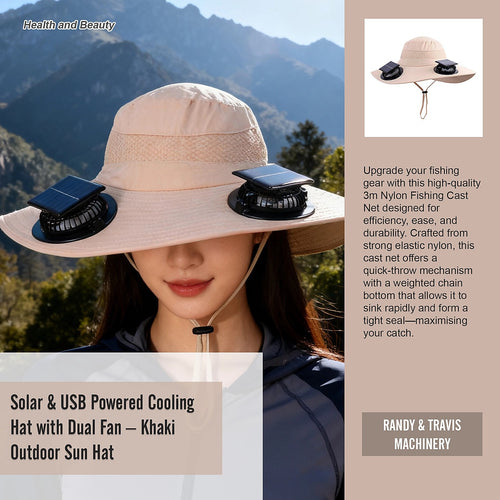 Solar & USB Powered Cooling Hat with Dual Fan – Khaki Outdoor Sun Hat