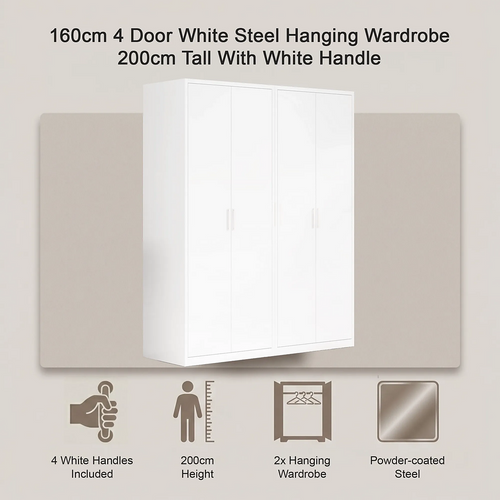 160x200cm 4-Door White Steel Hanging Wardrobe with White Handle Storage Cabinet