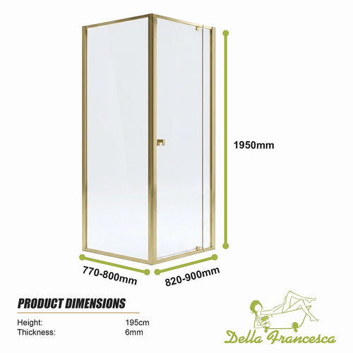 Adjustable Semi Frameless Shower Screen Front: (82~90)x195cm with Gold Hardware and Side: (77~80)x195cm