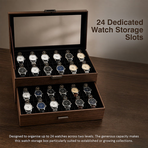 Watch Box 24 Slot Display Case with Drawer & Clear Acrylic Lid