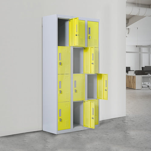 12-Door Locker – Grey with Yellow Door with Padlock-operated | Secure Storage for Office, Gym or School Use