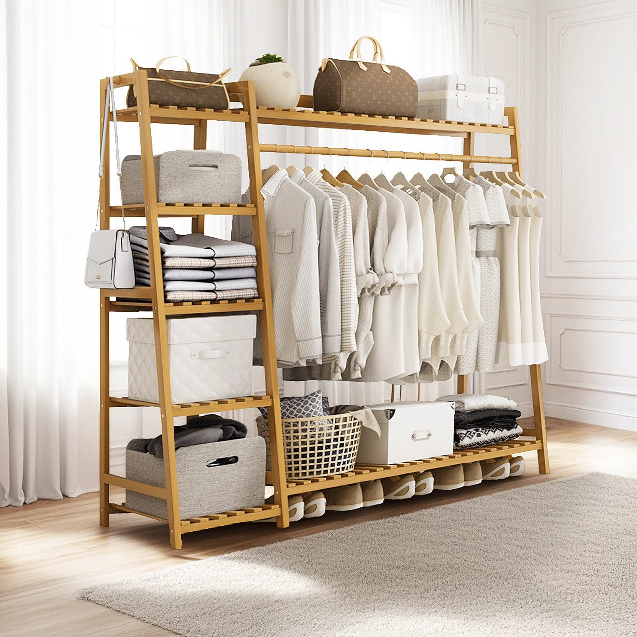 Portable Clothes Rack Coat Garment Stand Bamboo Rail Hanger Airer