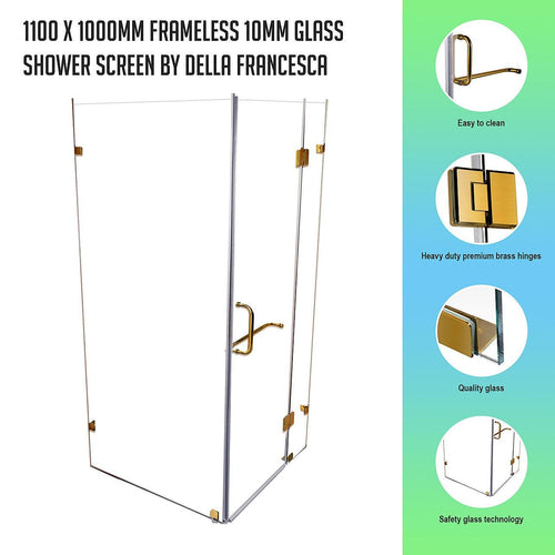 Frameless 10mm Glass Shower Screen 110 x 100cm GOLD Hinges/Brackets and ROUND Handle
