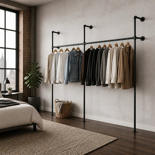 Industrial Pipe Clothes Rack Wall Mounted 201cm Heavy Duty Black