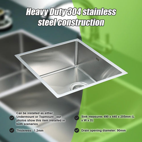 490x440mm Stainless Steel Handmade 1.2mm Sink with Waste in Stainless Steel 304 Finish