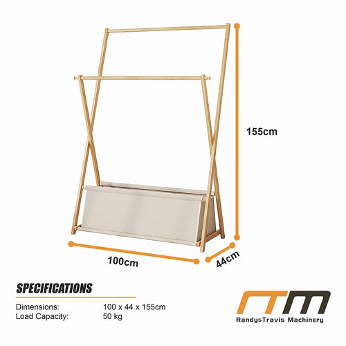 100x155cm Freestanding Clothes Rail Garment Rack in Wood with Storage Shelf – Stylish, Space-Efficient Organiser