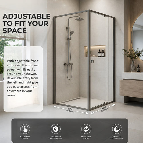 Semi-Frameless Shower Screen – Gunmetal, Front: (82~90)x195cm, Side: (89~92)x195cm