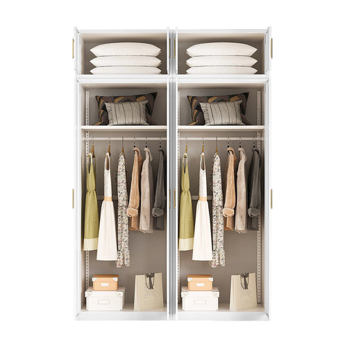 160x240cm 4-Door White Steel Hanging Wardrobe with Gold Handle Storage Cabinet