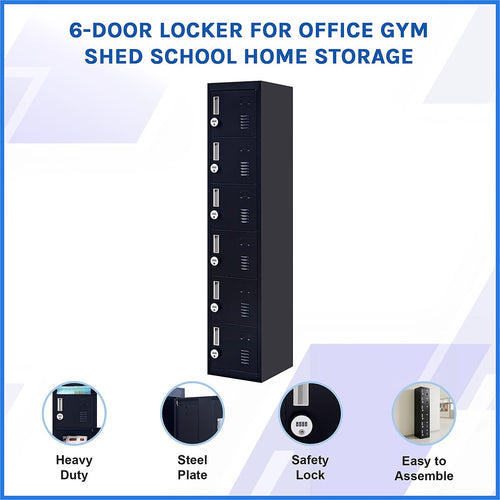 6-Door Black Metal Locker Cabinet – Vertical Storage with 4-Digit Combination Lock for Office, School