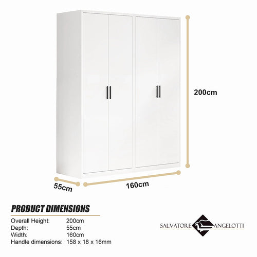 160x200cm 4-Door White Steel Hanging and Shelf Wardrobe with Black Handle Storage Cabinet