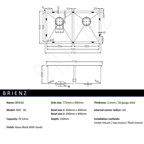 775x450mm Stainless Steel Handmade 1.5mm Sink with Waste in Black with sand finish Finish