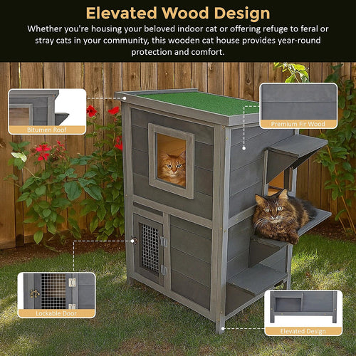 2-Story Wooden Cat House – Weatherproof Indoor/Outdoor Pet Shelter with Bitumen Roof