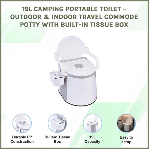 19L Camping Portable Toilet – Outdoor & Indoor Travel Commode Potty with Tissue Box