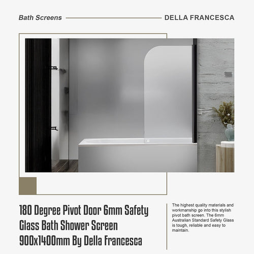180° Black Pivot Door 6mm Safety Glass Bath Shower Screen By Della Francesca - 90 x 140cm