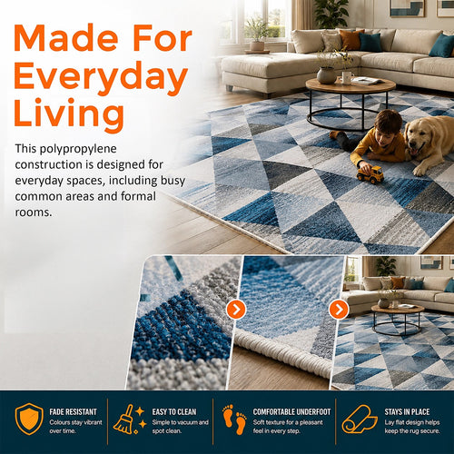 200x300cm Large Floor Blue Triangle Rug – Modern Area Carpet for Bedroom & Lounge