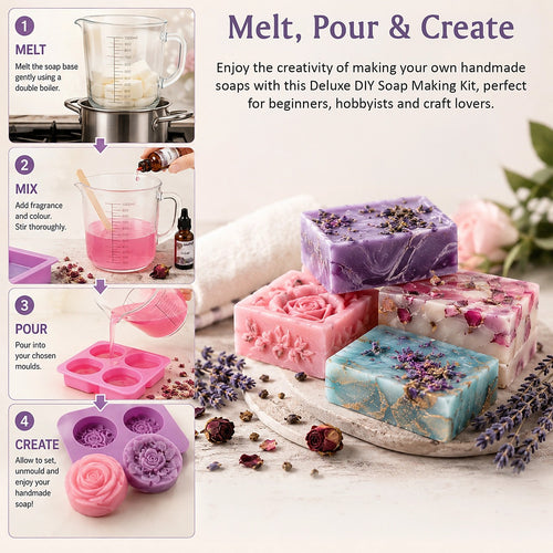 Deluxe DIY Soap Making Kit with Shea Butter & Glycerin Melt & Pour Soap Base, Moulds, Fragrance Oils & Colours