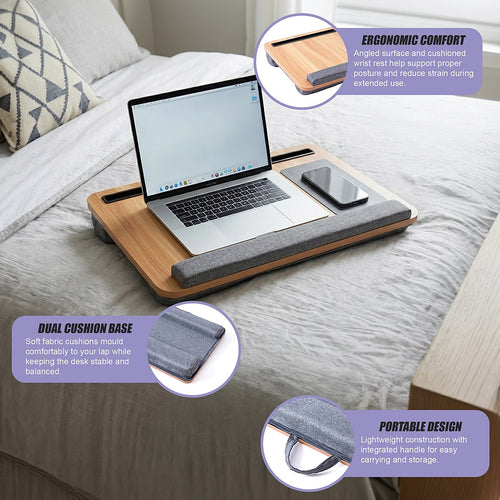Portable Lap Desk with Mouse Pad & Cushion – Oak Finish Laptop Table