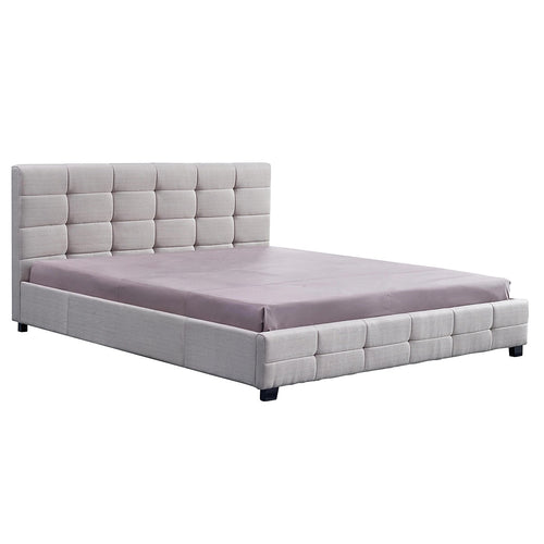 King Deluxe Beige Linen Fabric Upholstered Bed Frame with Headboard & Slats