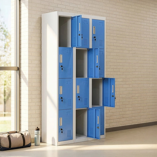 12-Door Locker – Grey with Blue Door with Standard Lock with 2 Keys | Secure Storage for Office, Gym or School Use