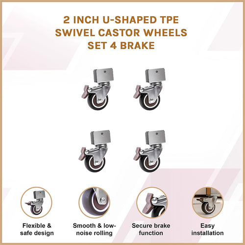 2 Inch U-Shaped TPE Swivel Castor Wheels Set of 4 with Brake