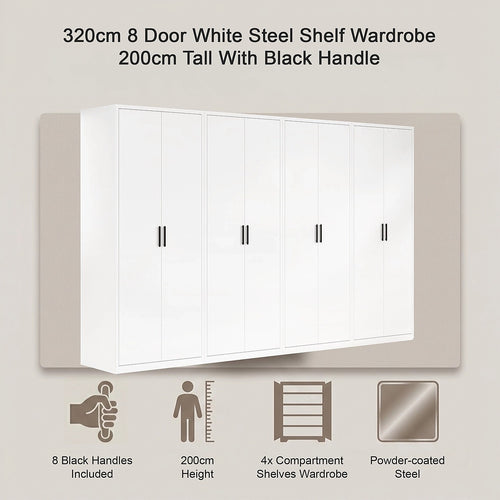 320x200cm 8-Door White Steel Shelf Wardrobe with Black Handle Storage Cabinet