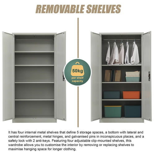 Double-Door Metal Cabinet with 4 Shelves – Office, Garage, or Home Storage in Grey without Legs