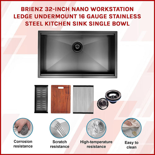 32" Workstation Kitchen Single Bowl Sink in Nano Black with Brushed Finish
