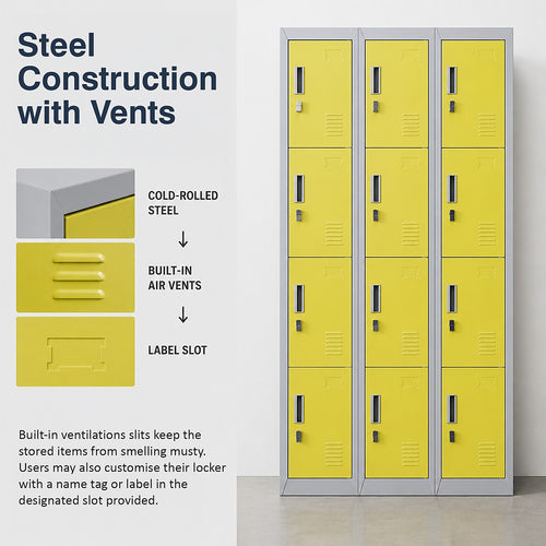 12-Door Steel Locker – Grey with Yellow Door, Padlock-operated