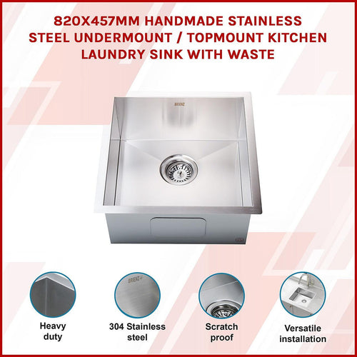 820x457mm Handmade Stainless Steel Sink with Waste and Drain Plug - Undermount/Topmount