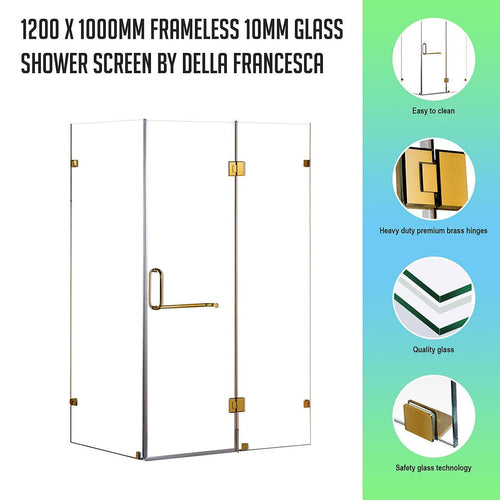 Frameless 10mm Glass Shower Screen 120 x 100cm GOLD Hinges/Brackets and ROUND Handle