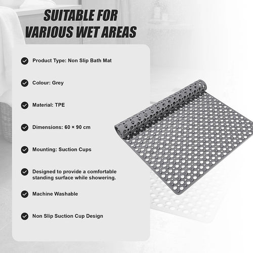 60x90cm Grey Non Slip Bath Mat TPE Shower Mat with Suction Cups