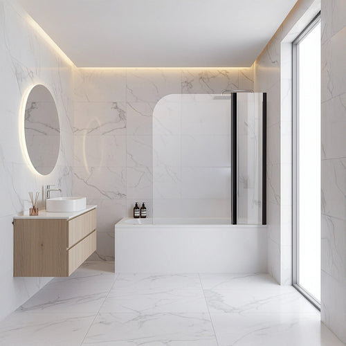 180° Black Pivot Door 6mm Safety Glass Bath Shower Screen By Della Francesca - 120 x 140cm