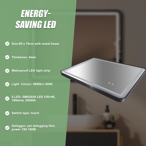 Rectangular Mirror LED Anti-Fog Illuminated Bathroom Living Room - 90 x 70cm