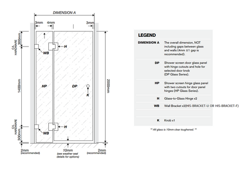 90x110cm Double Door Corner Shower Screen – Nickel F-Brackets, SS Hinges & Round Knob Handle