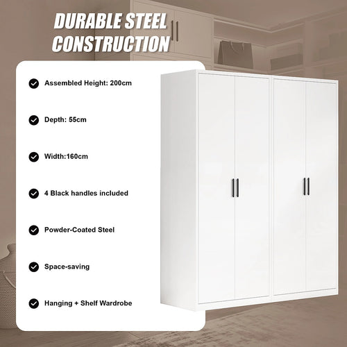 160x200cm 4-Door White Steel Hanging and Shelf Wardrobe with Black Handle Storage Cabinet