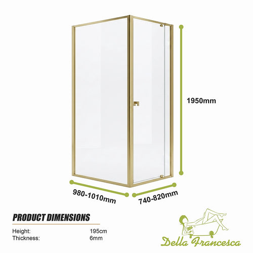 Adjustable Semi Frameless Shower Screen Front: (74~82)x195cm with Gold Hardware and Side: (98~101)x195cm