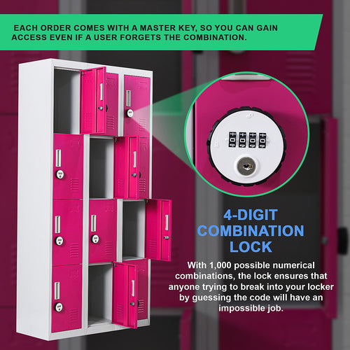 12-Door Locker – Grey with Pink Door with 4-Digit Combination Lock | Secure Storage for Office, Gym or School Use