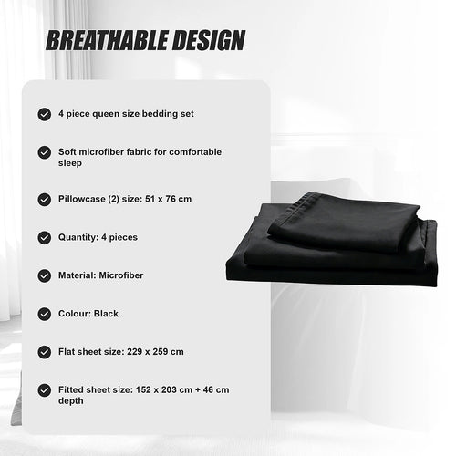 Queen 4 Piece Microfiber Sheet Set Deep Pocket Black