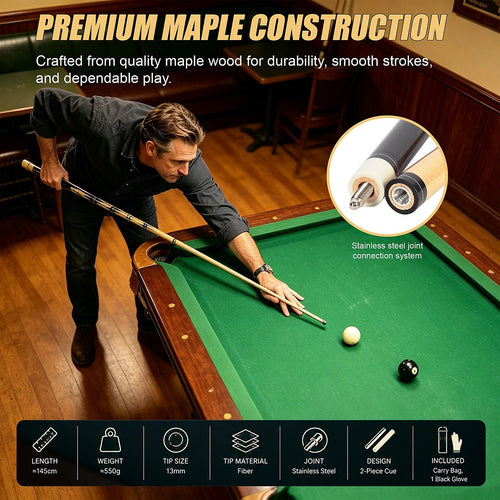 57in 2-Piece Wood Pool Cue Stick 19oz with Carry Bag