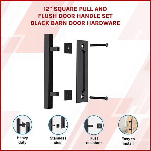 12" Square Pull and Flush Door Handle Set Black Barn Door Hardware
