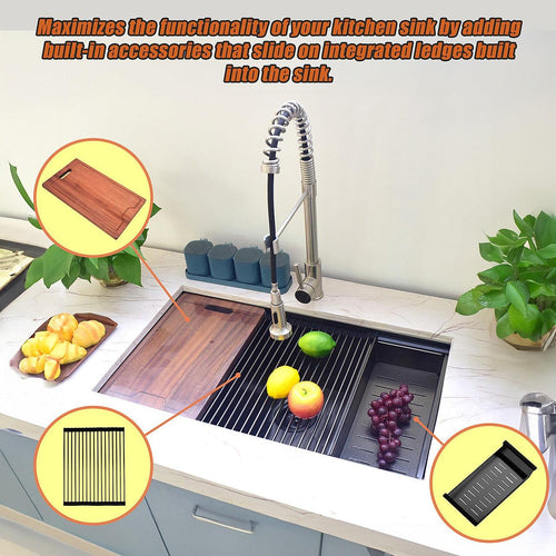 32" Workstation Kitchen Single Bowl Sink in Nano Black with Brushed Finish