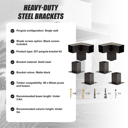 DIY Pergola Kit – Single Wall Mount with Black Screen Set with Brackets