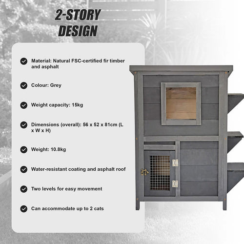 2-Story Wooden Cat House – Weatherproof Indoor/Outdoor Pet Shelter with Bitumen Roof