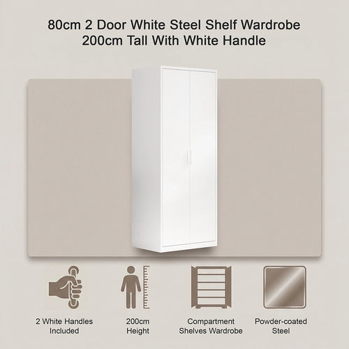 80x200cm 2-Door White Steel Shelf Wardrobe with White Handle Storage Cabinet