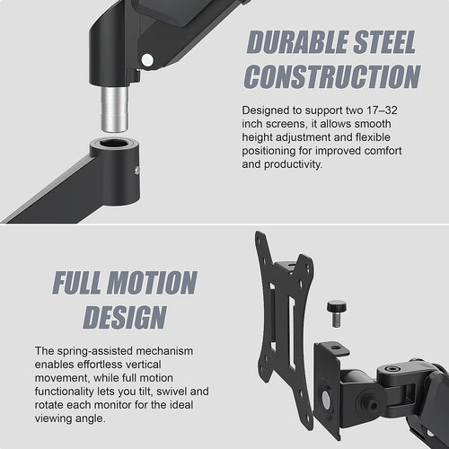 Dual Arm Monitor Desk Mount Bracket 17–32 Inch Spring Assisted Full Motion