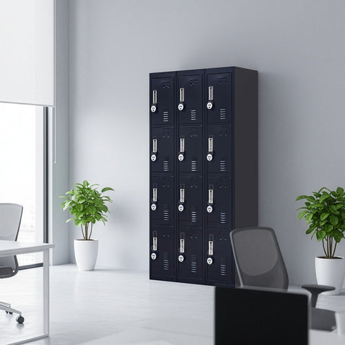 12-Door Locker – Black with 4-Digit Combination Lock | Secure Storage for Office, Gym or School Use