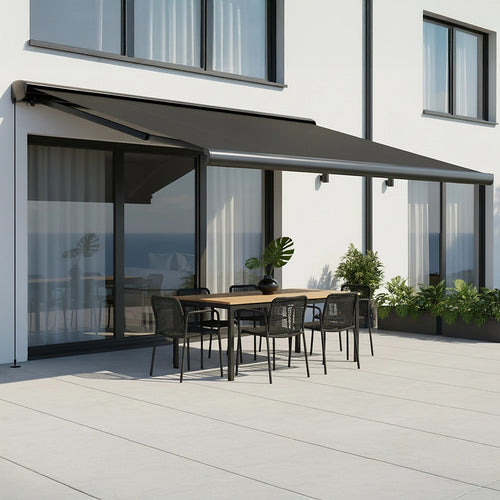 Heavy Duty Full Cassette Retractable Awning: Motorised 5x3m Black Sunshade