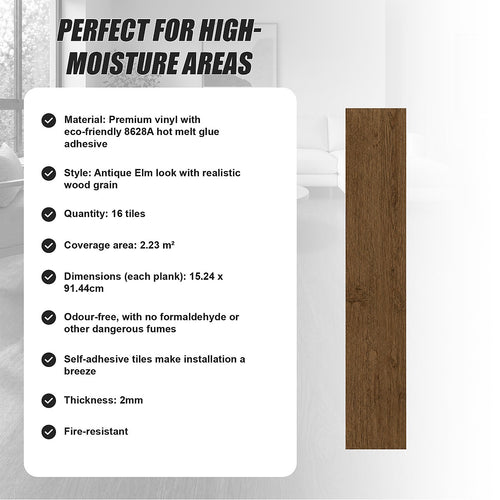 Self Adhesive Vinyl Floor Tiles Peel & Stick Flooring Antique Elm 16 Pack 2.3m²